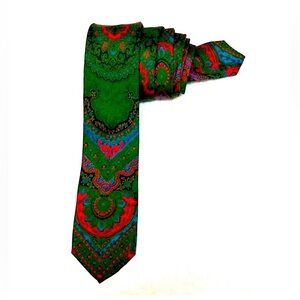 Oleg Cassini vintage silk paisley tie, bold, red & green, narrow, 54 1/2”